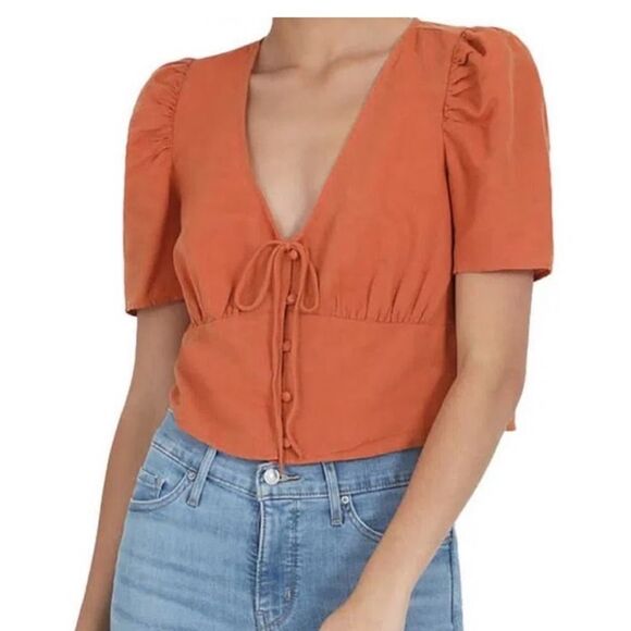 Levi's Luisa Linen Blend Cropped Puff Sleeve Blouse V-neck Top Sz L‎ Milkmaid - Picture 2 of 8